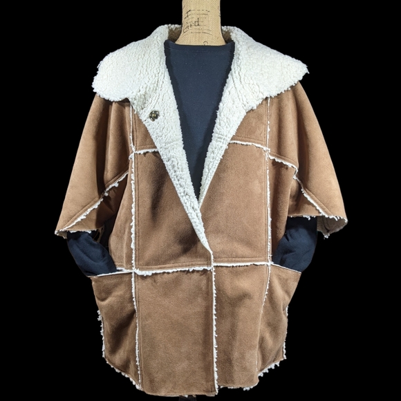 Faux Suede Sherpa Reversible Coat LG Soft Batwing 3/4 Sleeve Pocket Boho Driving - Picture 16 of 16